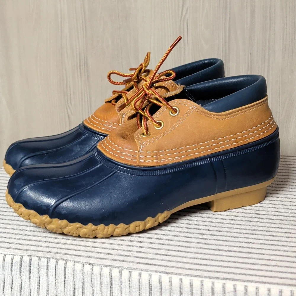 Vintage LL Bean Bean Boots Rubber Moc Mens 7 Navy Tan Waterproof Duck Shoes